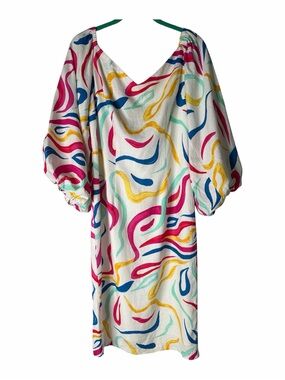 New York & Company White Multicolor Abstract Print Puff Sleeve Dress